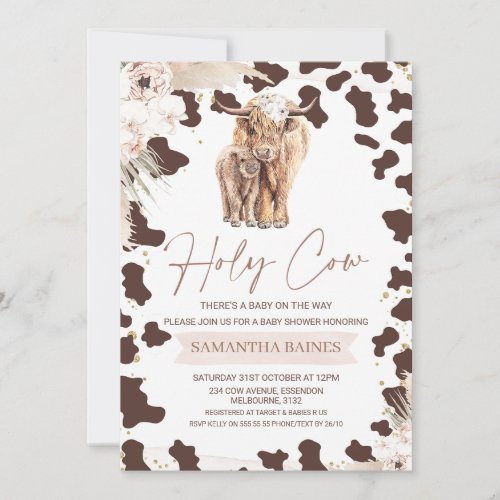 Floral Boho Holy Cow Highland Cow Baby Shower Invitation