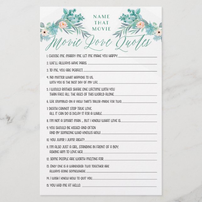 Floral Boho Movie Love Quotes Bridal Shower Game (Front)
