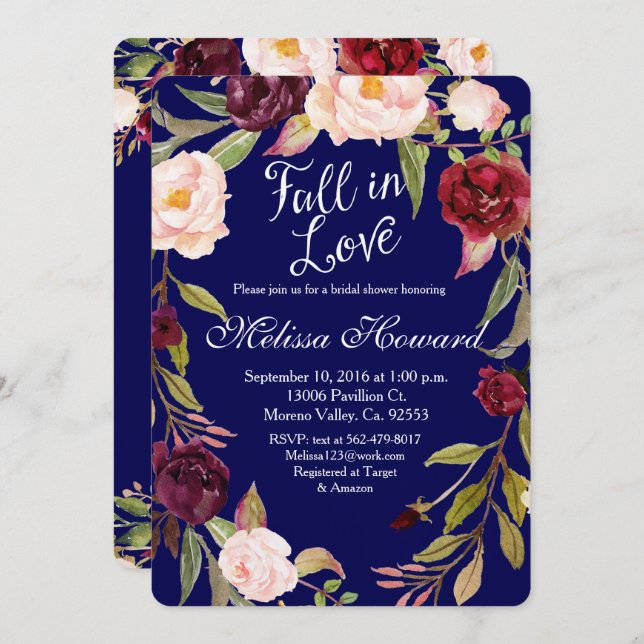 Floral Boho Navy Blue Bridal shower Invitation (Front/Back)
