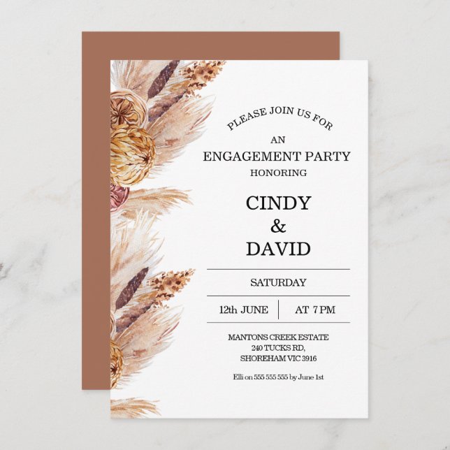 Floral Boho Pampas Grass Engagement Invitation (Front/Back)