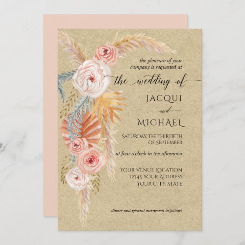 Floral BOHO Pampas Grass Foliage Kraft Watercolor Invitation