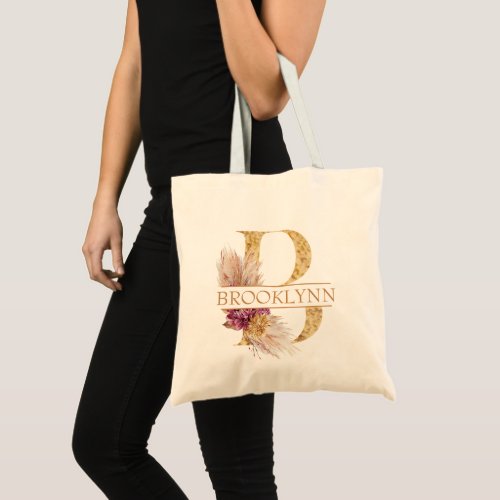 Floral Boho Pampas Grass Gold Monogram Letter B Tote Bag