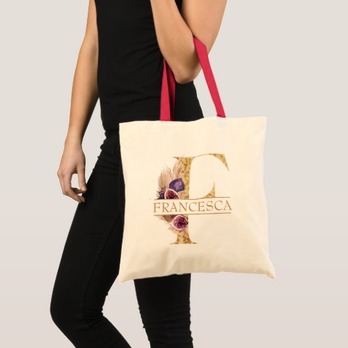 Floral Boho Pampas Grass Gold Monogram Letter F Tote Bag