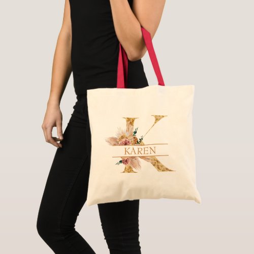 Floral Boho Pampas Grass Gold Monogram Letter k Tote Bag