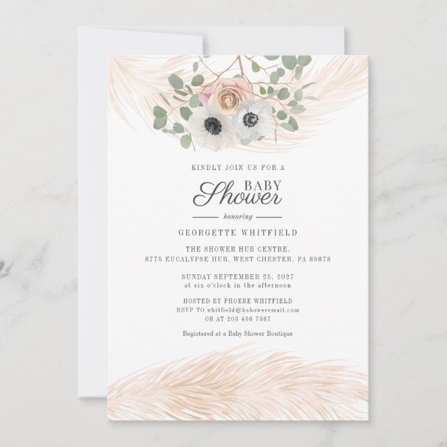 Floral Boho Pampas Grass Modern Girl Baby Shower Invitation (Front)