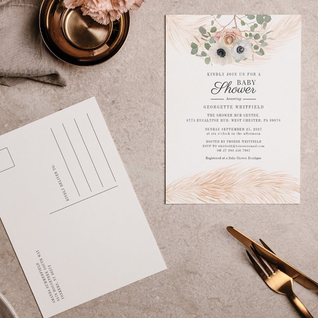 Floral Boho Pampas Grass Modern Girl Baby Shower Invitation Postcard (Creator Uploaded)