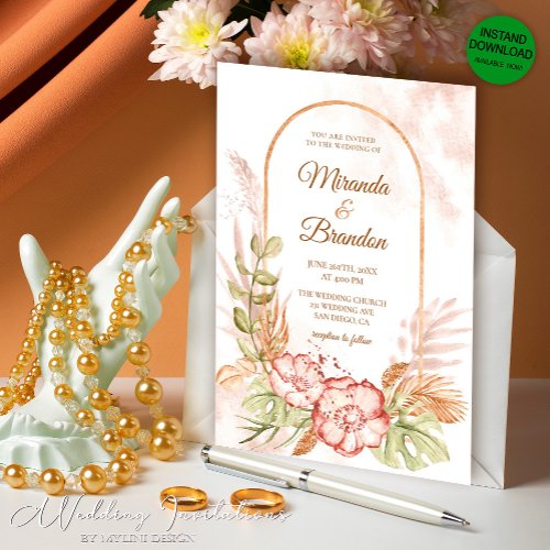 Floral Boho Pampas Grass Wedding Invitation