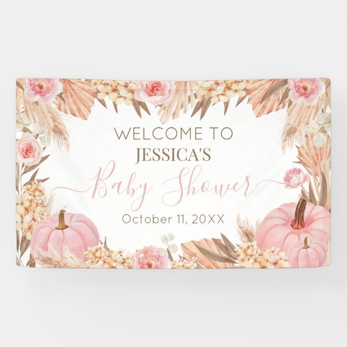 Floral Boho Pampas Pink Pumpkin baby shower  Banner