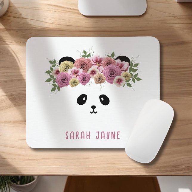 Floral Boho Panda Bear Girl Name Mouse Pad (A pretty panda bear with flowers in her hair on this cute mousepad. Just add your name)