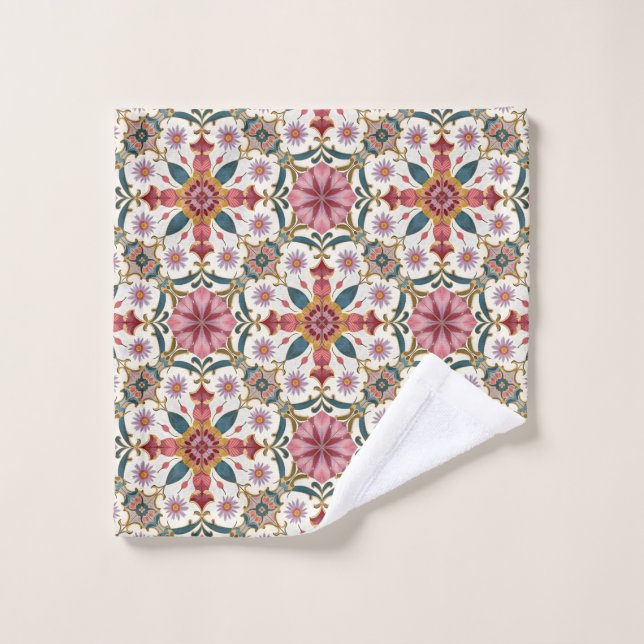 Floral Boho Pattern in Red, Pink & Teal Bath Towel Set (Wash Cloth)