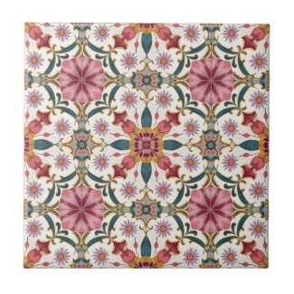 Floral Boho Pattern in Red, Pink & Teal Ceramic Tile