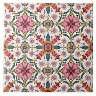 Floral Boho Pattern in Red, Pink & Teal Ceramic Tile