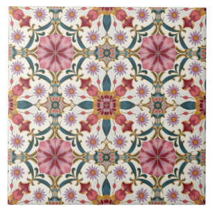 Floral Boho Pattern in Red, Pink & Teal Ceramic Tile