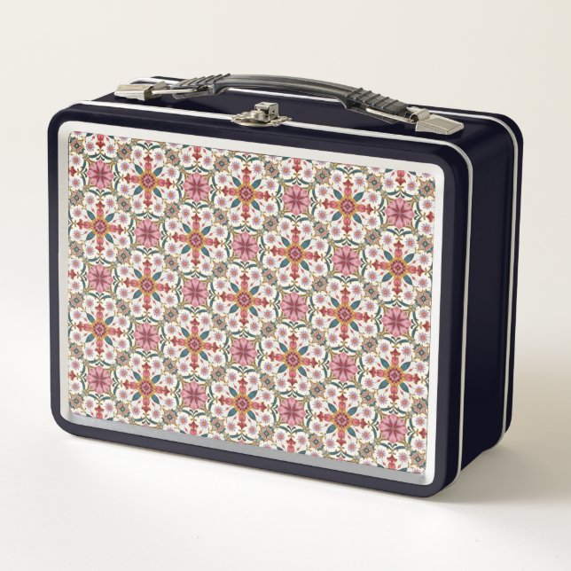 Floral Boho Pattern in Red, Pink & Teal Metal Lunch Box (Front)