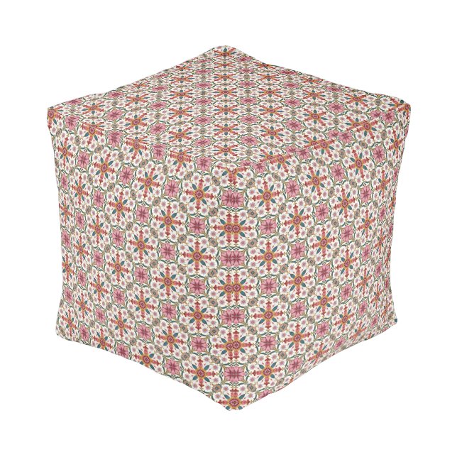 Floral Boho Pattern in Red, Pink & Teal Pouf (Angled Back)
