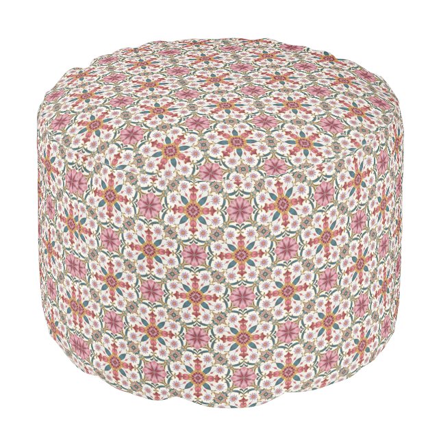 Floral Boho Pattern in Red, Pink & Teal Pouf (Angled Back)