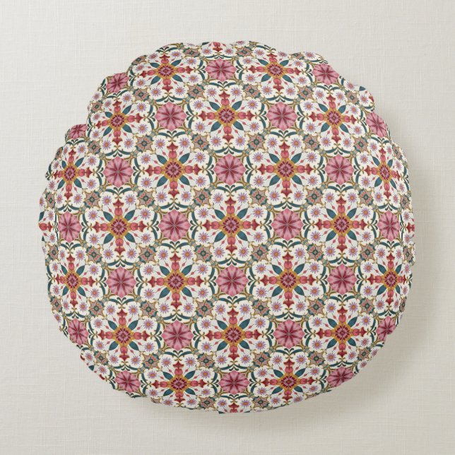 Floral Boho Pattern in Red, Pink & Teal Round Pillow (Front)