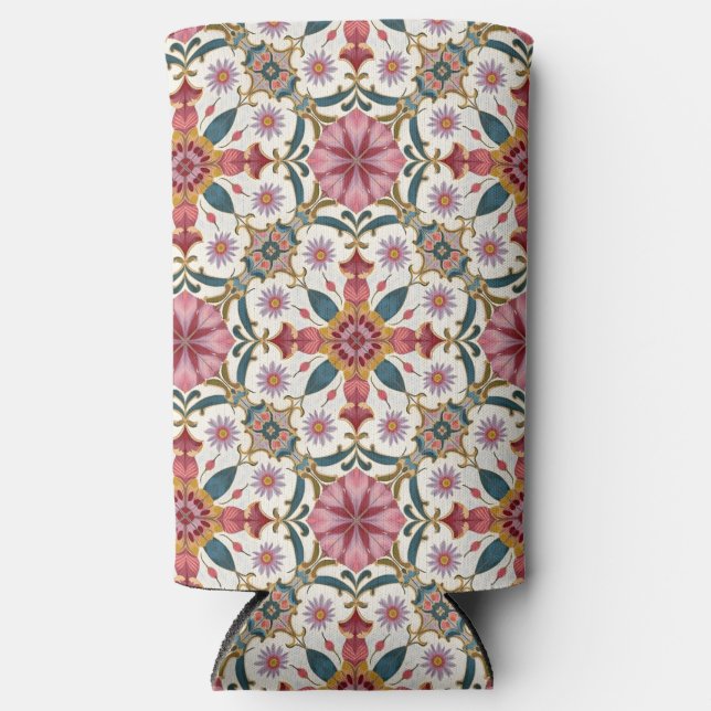 Floral Boho Pattern in Red, Pink & Teal Seltzer Can Cooler (Front)