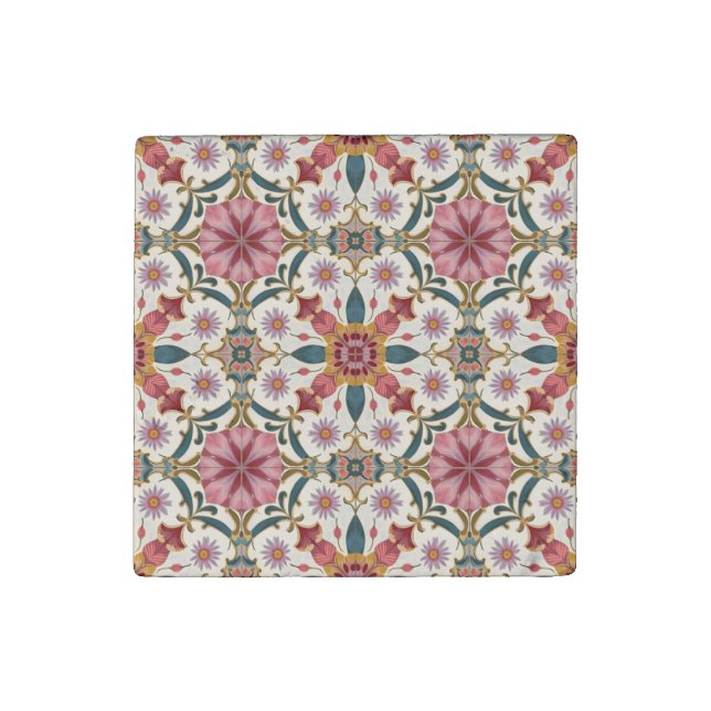 Floral Boho Pattern in Red, Pink & Teal Stone Magnet (Front)