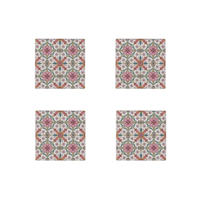 Floral Boho Pattern in Red, Pink & Teal Stone Magnet (Front)