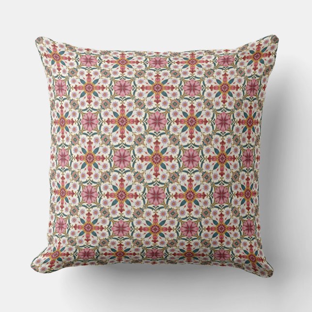 Floral Boho Pattern in Red, Pink & Teal Throw Pillow (Front)
