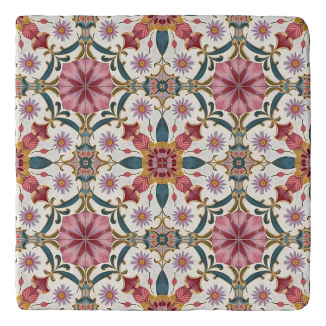 Floral Boho Pattern in Red, Pink & Teal Trivet (Front)