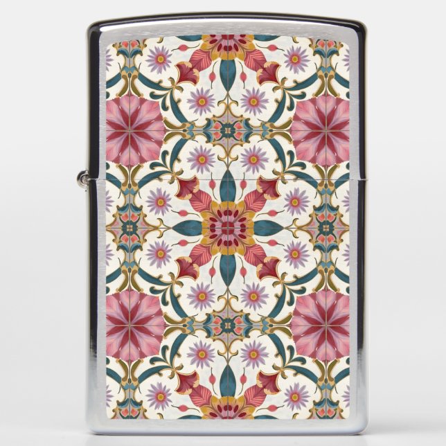 Floral Boho Pattern in Red, Pink & Teal Zippo Lighter (Front)