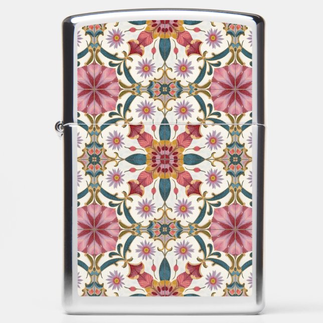 Floral Boho Pattern in Red, Pink & Teal Zippo Lighter (Front)