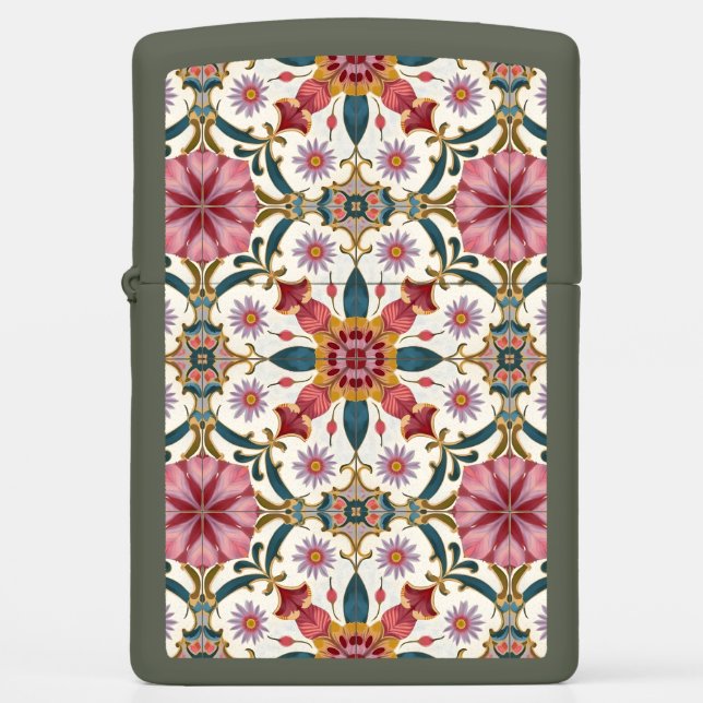 Floral Boho Pattern in Red, Pink & Teal Zippo Lighter (Front)