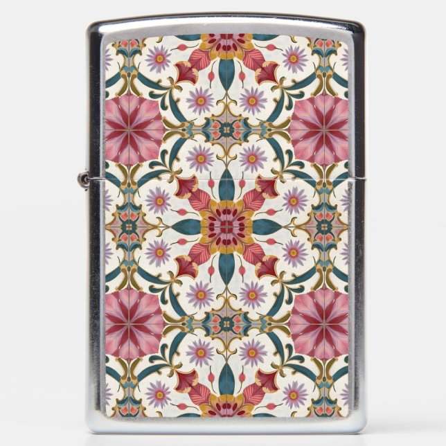 Floral Boho Pattern in Red, Pink & Teal Zippo Lighter (Front)
