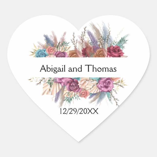 Floral Boho Personalized Trendy Wedding Favor Heart Sticker (Front)