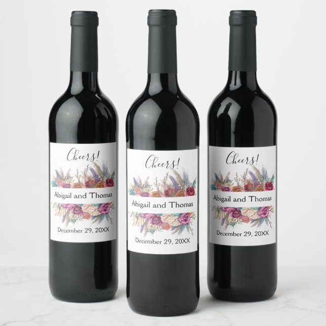 Floral Boho Personalized Trendy Wedding Favor Wine Label (Bottles)