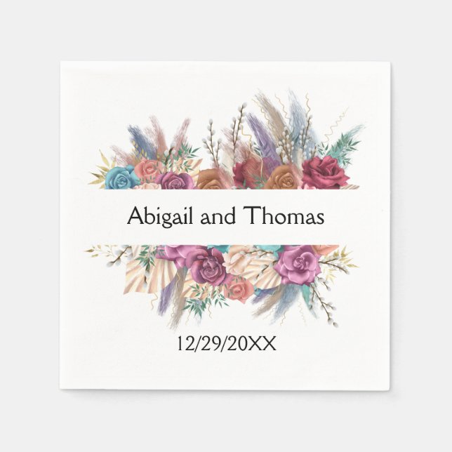 Floral Boho Personalized Trendy Wedding  Napkins (Front)