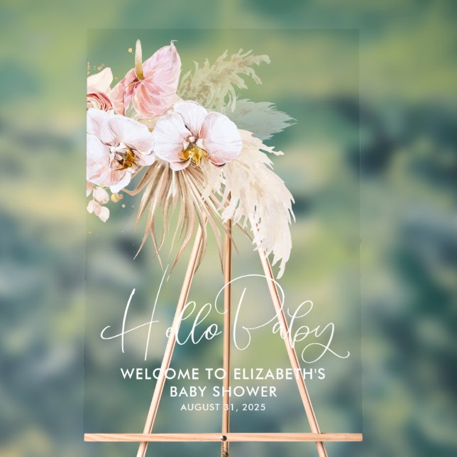 Floral Boho Pink Baby Shower Welcome Acrylic Sign (Neutral)
