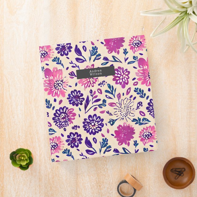 Floral Boho Purple Botanical Pattern 3 Ring Binder (In Situ)