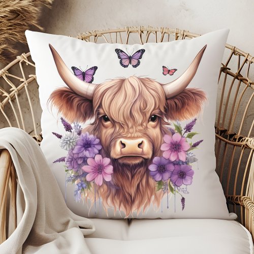 Floral Boho Purple Highland Cow Farmhouse Home Throw Pillow