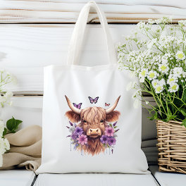 Floral Boho Purple Highland Cow Farmhouse Home Tote Bag