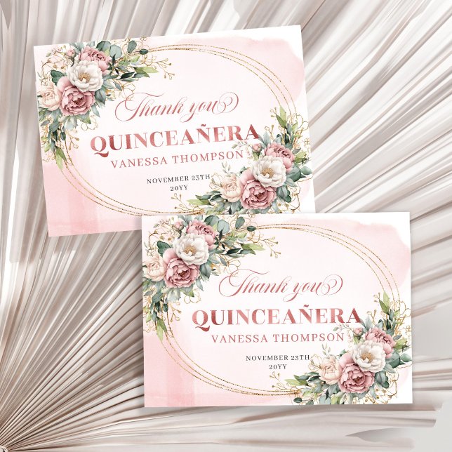 Floral Boho Quinceañera Thank You Card Dusty Pink  (Floral Boho Quinceañera Thank You Card Dusty Pink Gold)