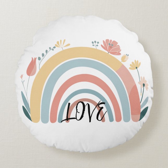 Floral Boho Rainbow Round Throw Pillow (Front)