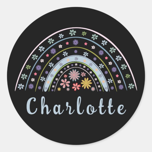 Floral Boho Rainbow with Personalized Name  Classic Round Sticker (Front)