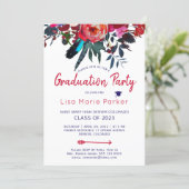 Floral boho red navy blue bouquet graduation party invitation (Standing Front)