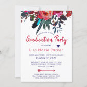 Floral boho red navy blue bouquet graduation party invitation (Front)