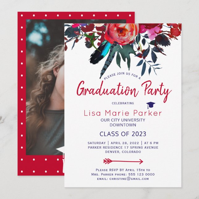 Floral boho red navy PHOTO graduation party Invitation (Front/Back)