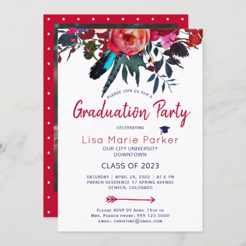 Floral boho red navy PHOTO graduation party Invitation