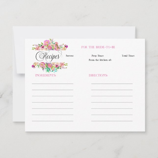 Floral Boho Rose Bridal Shower Recipe Note Card (Front)