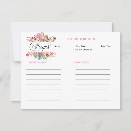 Floral Boho Rose Bridal Shower Recipe Note Card