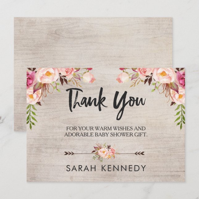 Floral Boho Rustic Baby Shower Thank you card (Front/Back)