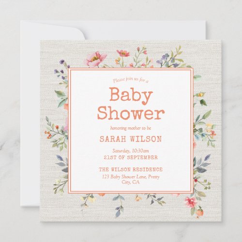 Floral Boho Rustic Botanical Square Baby Shower Invitation