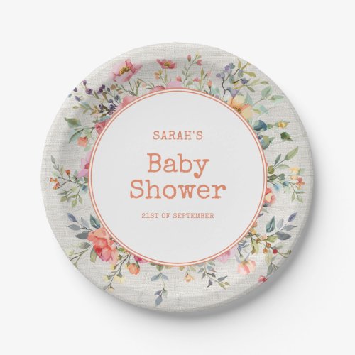 Floral Boho Rustic Chic Botanical Baby Shower Paper Plates