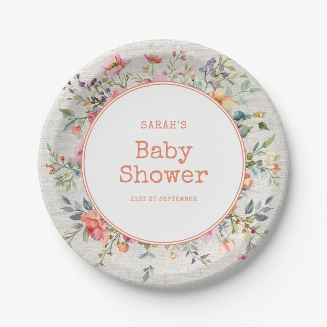Floral Boho Rustic Chic Botanical Baby Shower Paper Plates (Front)
